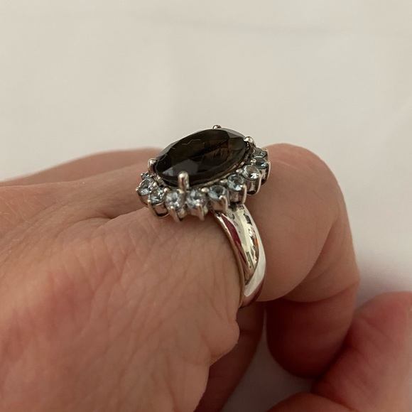 Smokey Quartz surrounded by Aquamarine Sterling Silver Ring sz 7.25 - Picture 3 of 7